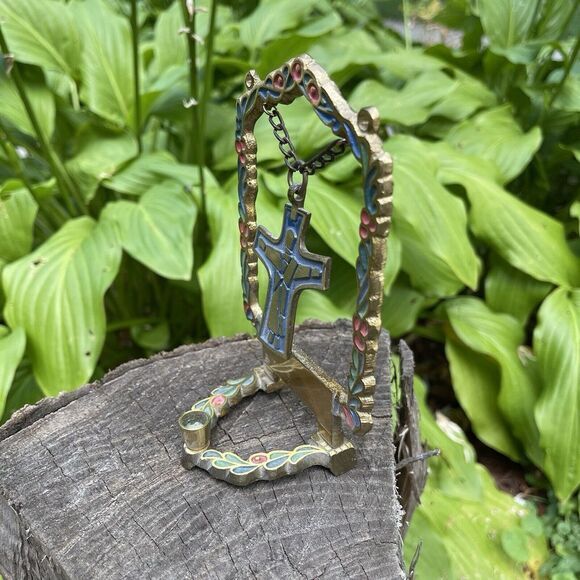 Candle Holder Crucifix Prayer Jesus Catholic Gold Plated Brass Cross‎ Christian - Picture 2 of 5